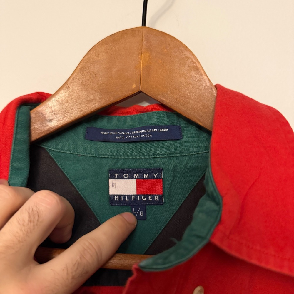 Tommy Hilfiger Vintage Colorblock Flag Patch Ski Shirt Mens Large Red Green - Picture 4 of 6